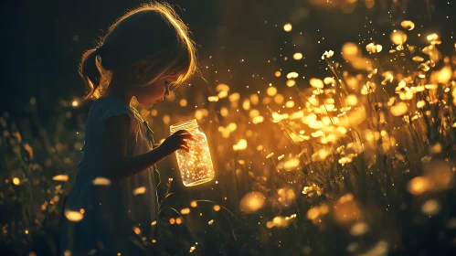 Girl with Glowing Jar in Field