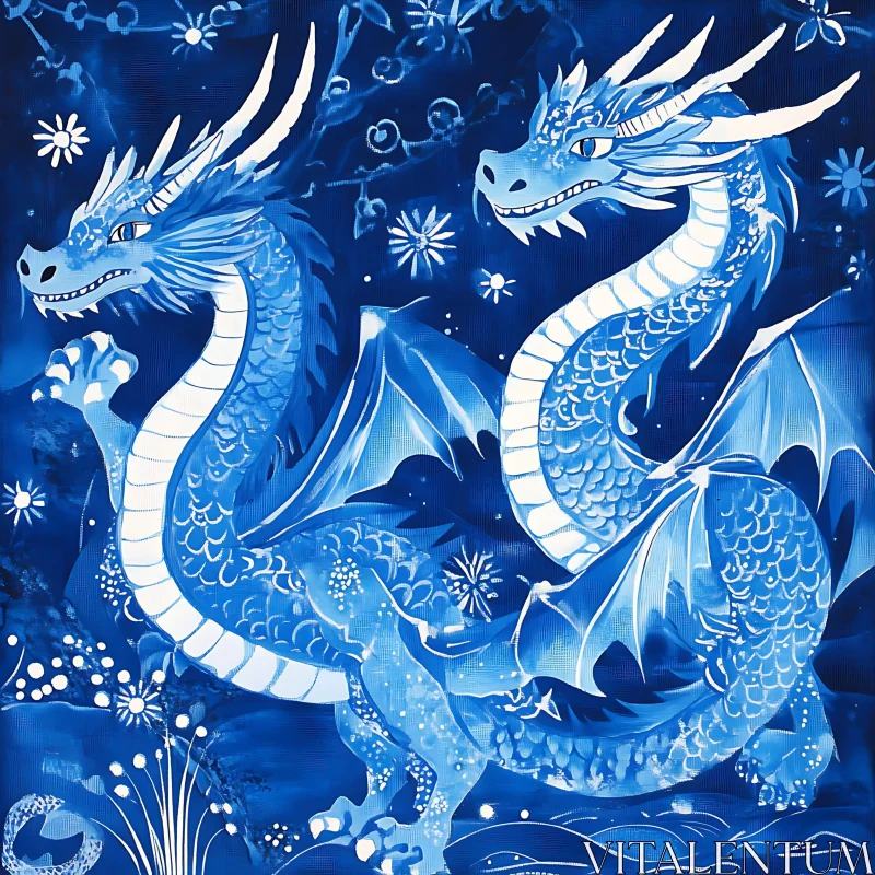 Artistic Blue Dragons Illustration AI Image