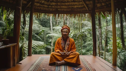 Serene Woman Meditating in Forest Shelter