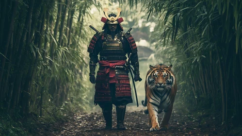 Warrior and Feline in Bamboo Grove