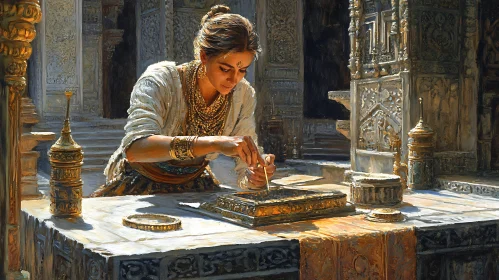 Traditional Woman Working With Ornate Box
