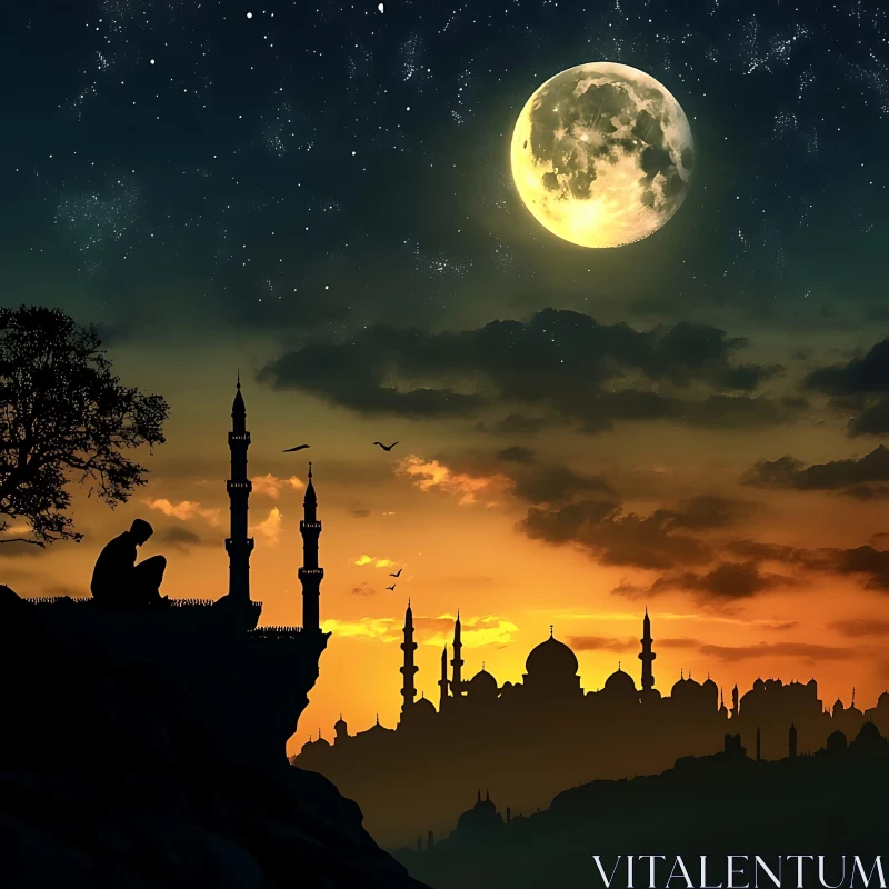 Mosque Silhouette under Moonlight AI Image