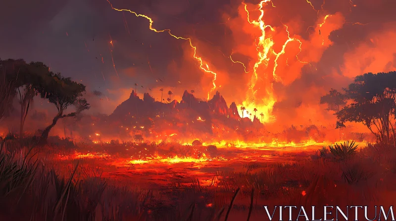 Volcanic Eruption with Firestorm and Lightning in a Fiery Landscape AI Image