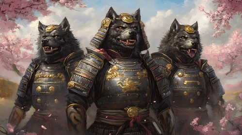 Armored Wolves Under Pink Petals