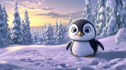 Cartoon Penguin in Snowy Forest