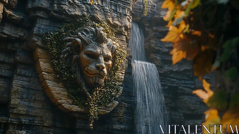 AI ART Stone Lion and Waterfall Oasis