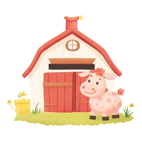 Farmyard Cartoon with Cow and Barn