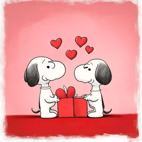 Cartoon Dogs Exchanging Heartfelt Gift