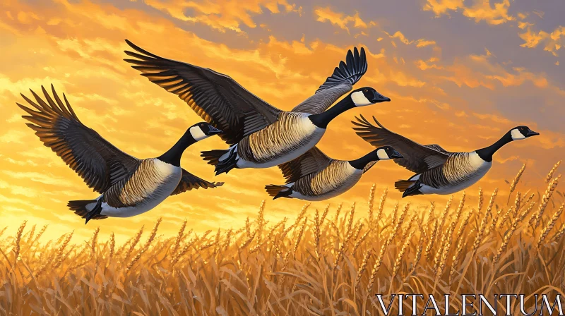 Sunset Flight of Geese Over Golden Field AI Image