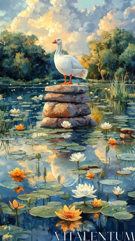 Tranquil Duck Amid Water Lilies AI Image