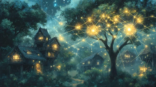 Magical Tree Village Under Starry Sky