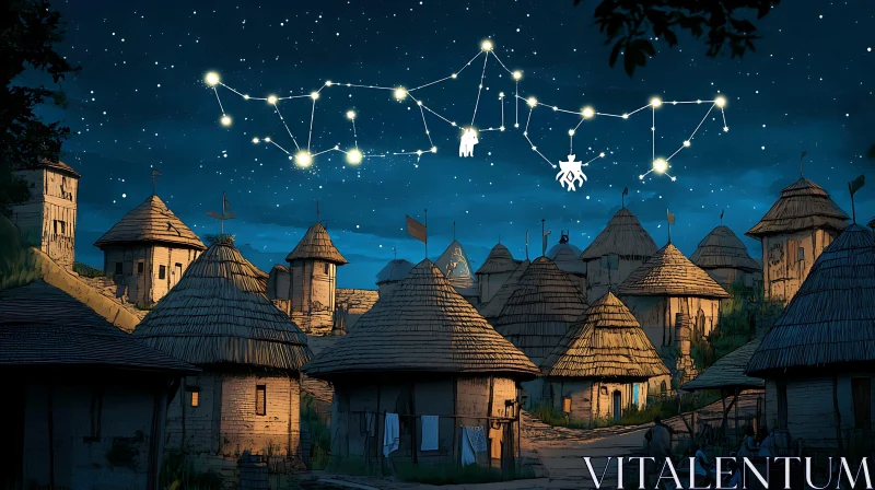 Starry Night Over Thatched Roof Village AI Image