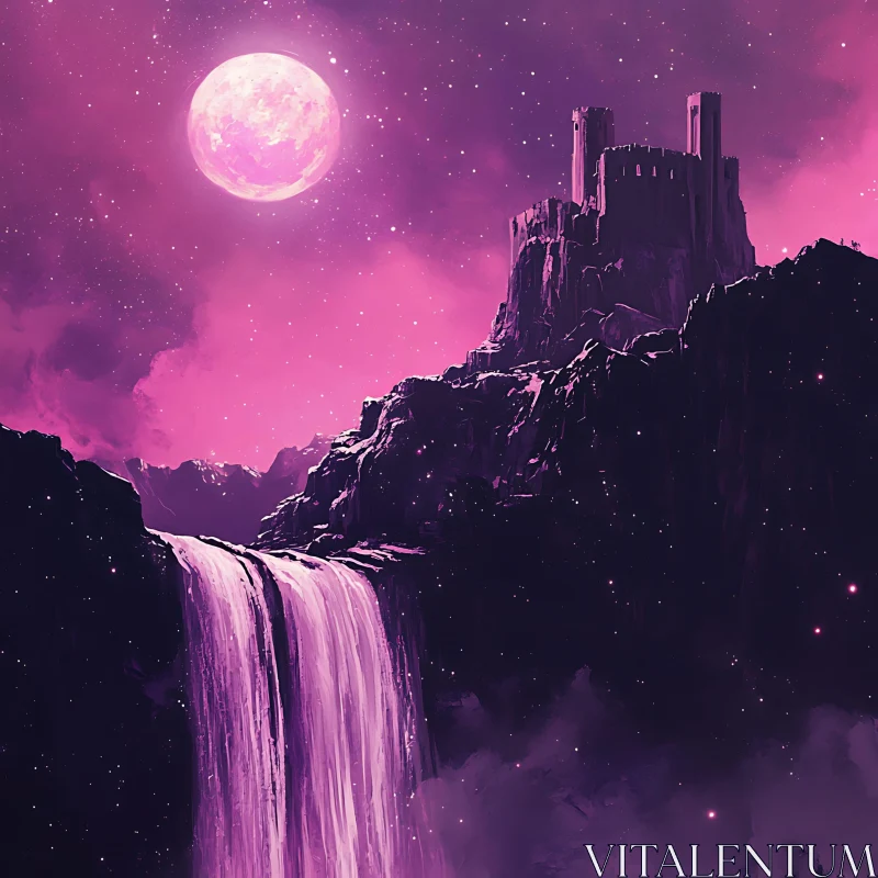 AI ART Pink Moon Castle Waterfall