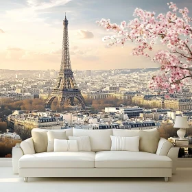 Chic Parisian Living Room Decor with Eiffel Tower Wallpaper