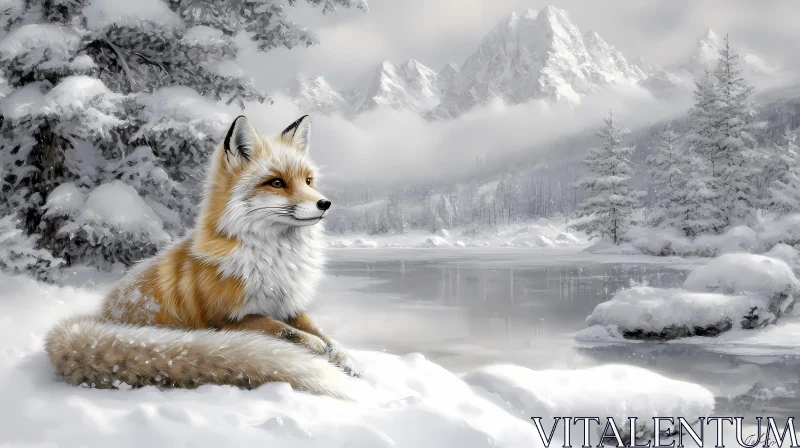 Fox Resting in Winter Wonderland AI Image