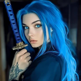 Woman with Blue Hair Holding Sword