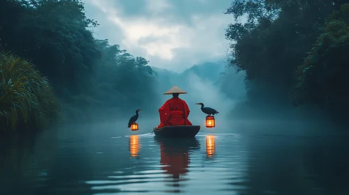 Mystical River Scene with Figure and Birds