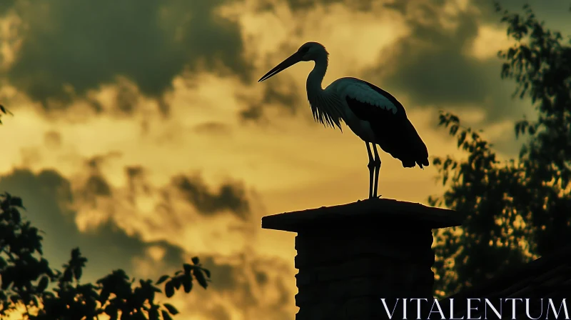 Stork at Dusk: A Tranquil Silhouette AI Image