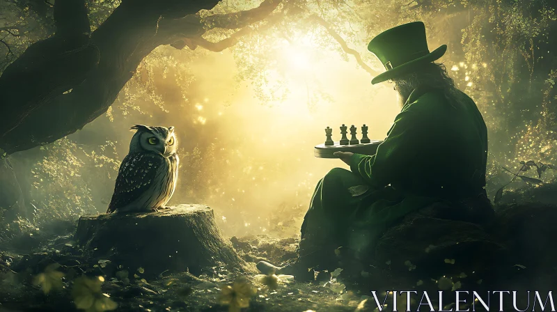 AI ART Mystical Forest Duel with Leprechaun and Owl