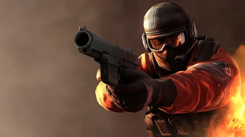 Soldier Aiming Pistol in Smoky Setting