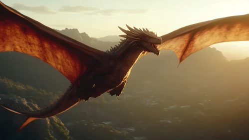 Sunset Dragon Soaring Above Mountains