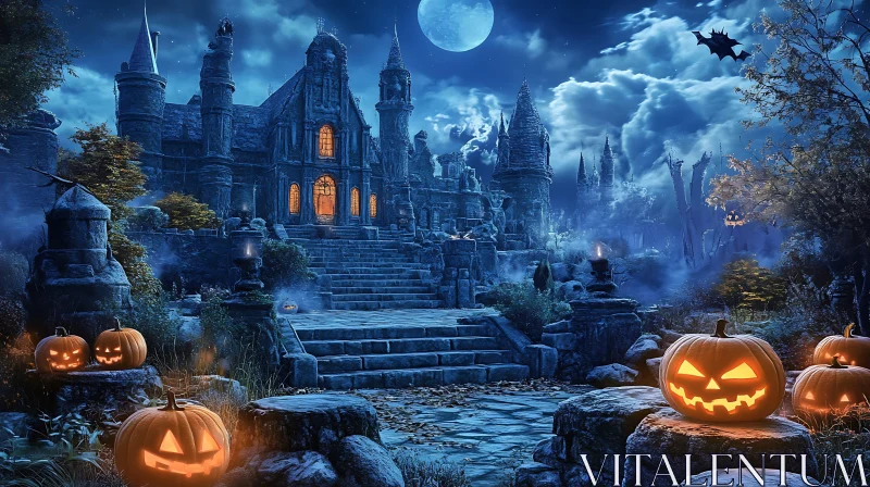 Moonlit Castle with Halloween Pumpkins AI Image