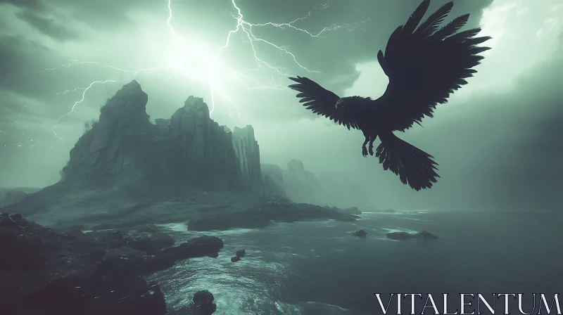 AI ART Ominous Raven Over the Sea