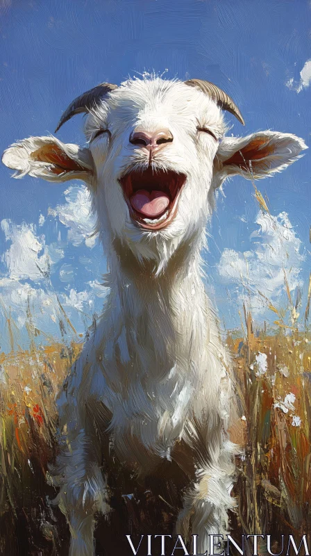 Smiling Goat Under Blue Skies AI Image