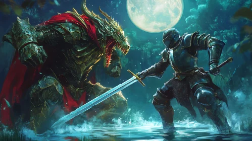 Moonlit Duel: Armored Knight and Scaled Dragon