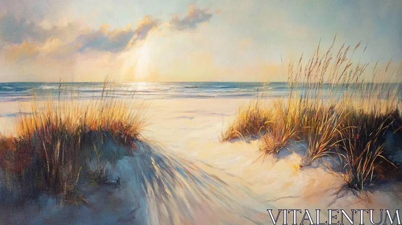 AI ART Tranquil Sunset Over Sandy Dunes and Ocean