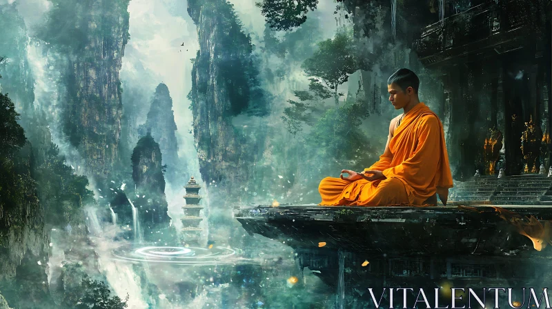 AI ART Serene Meditation: Monk in Mountain Vista