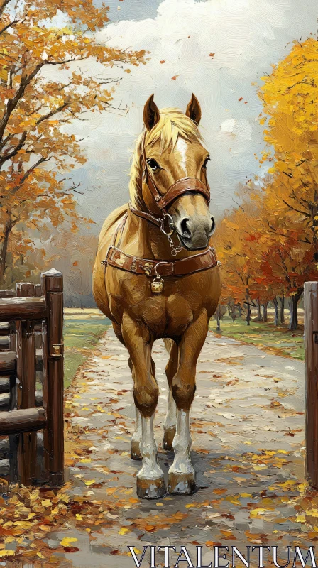 Golden Horse on Leaf-Strewn Path AI Image