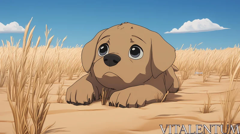 Cute Puppy in Cartoon Grassland AI Image