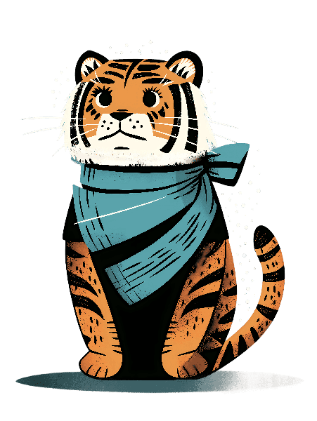 Illustrated Tiger Wearing a Blue Scarf