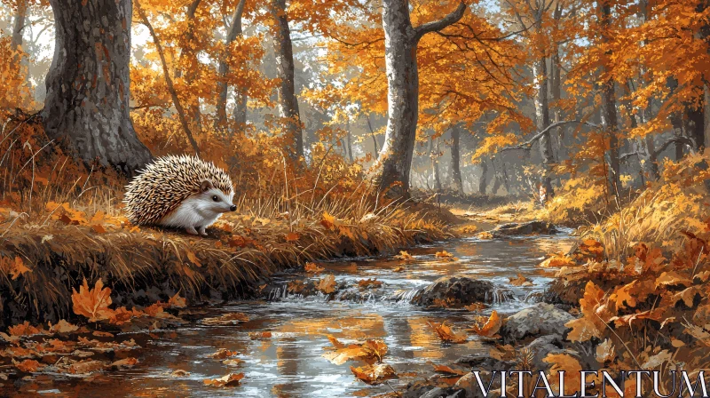 AI ART Hedgehog in Autumnal Forest by Creek