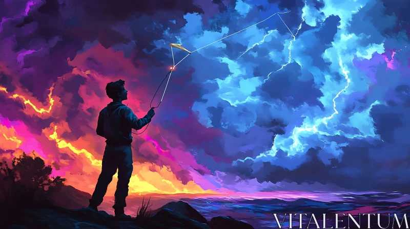 AI ART Silhouette Man and Kite Against Colorful Sky