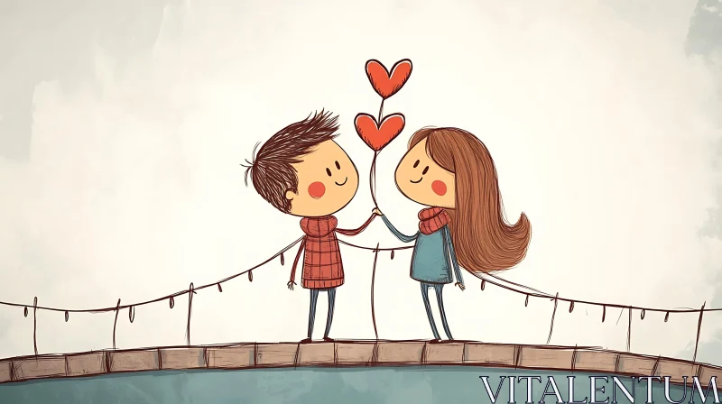 Whimsical Cartoon Romance on a Bridge AI Image