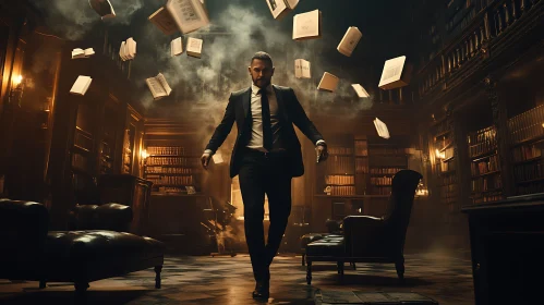 Man in Library Surrounded by Floating Books