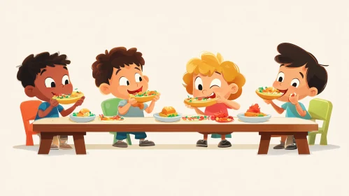 Kids Enjoying Food Cartoon Style