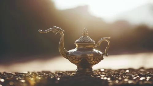 Golden Magic Lamp on Sand: Captivating 3D Rendering