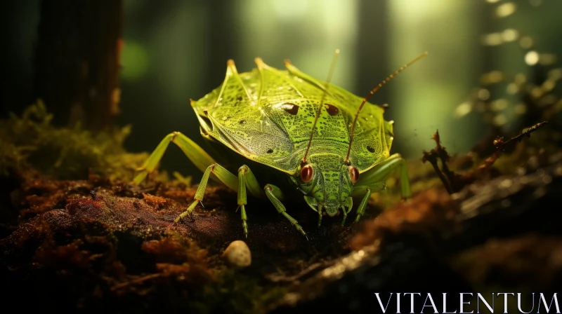 Green Insect in Moss-Filled Forest: A Blend of Realism & Sci-Fi AI Image