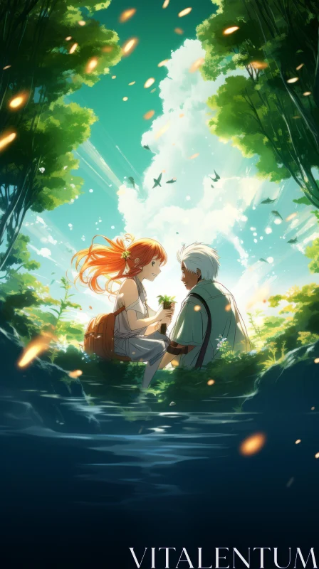 Mesmerizing Anime Artwork: Two Lovers in Nature AI Image