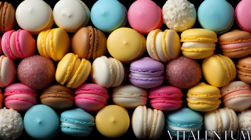 Multicolored Macarons Arranged on a Black Background AI Image