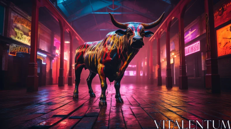 Neon Lit Bull in Dark Corridor: An Urban Mexican Style AI Image