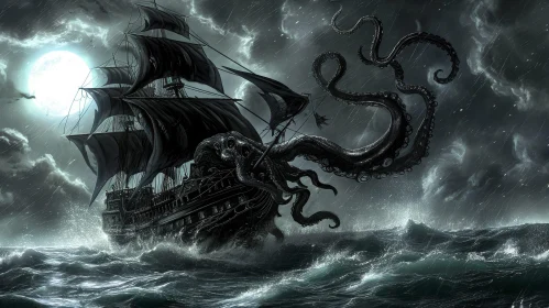 Octopus Attacks Pirate Ship in a Dark and Stormy Night