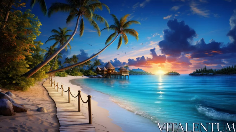 Romantic Tropical Beach Landscape - Palm Trees and Sunset AI Image