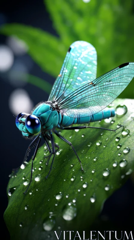Surreal Blue Dragonfly on Leaf - A Photorealistic Rendering AI Image
