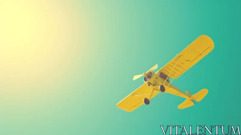 AI ART Vintage Yellow Biplane Flying in Retro-Style Minimalist Sky