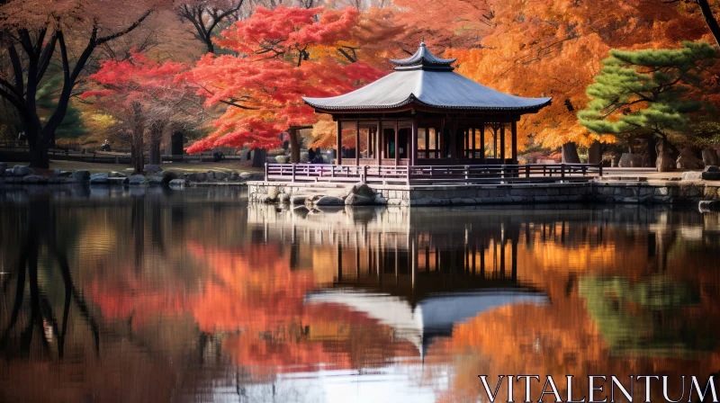 Warm Colored Pagoda by a Lake - Traditional Japanese Style AI Image