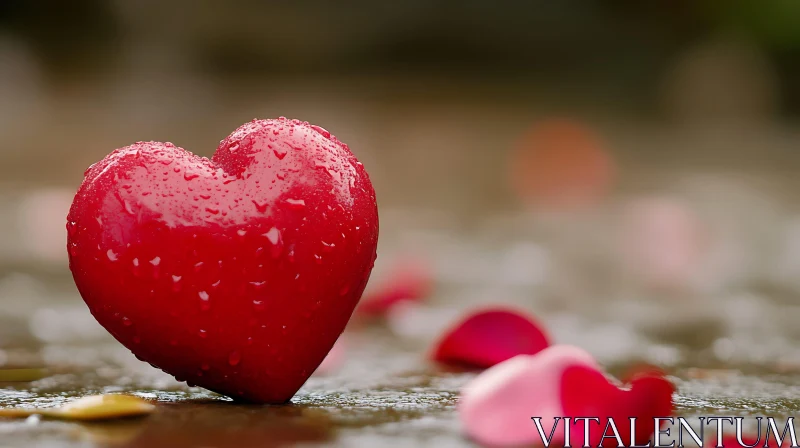 Red Heart with Dew and Flower Petals AI Image